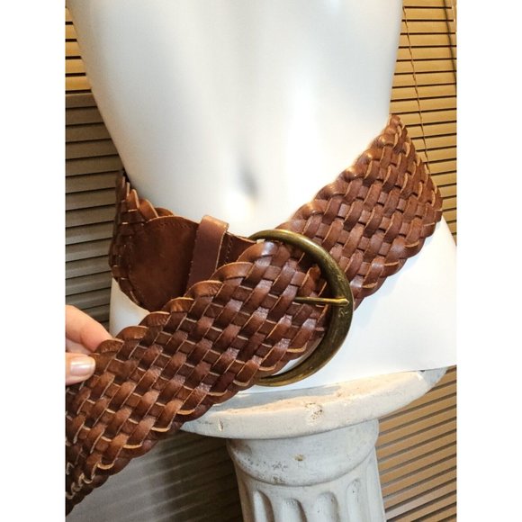 J. Crew Accessories - *SOLD*  16 18 Large, wide brown leather belt, woven, w. Brass Buckle by CREW